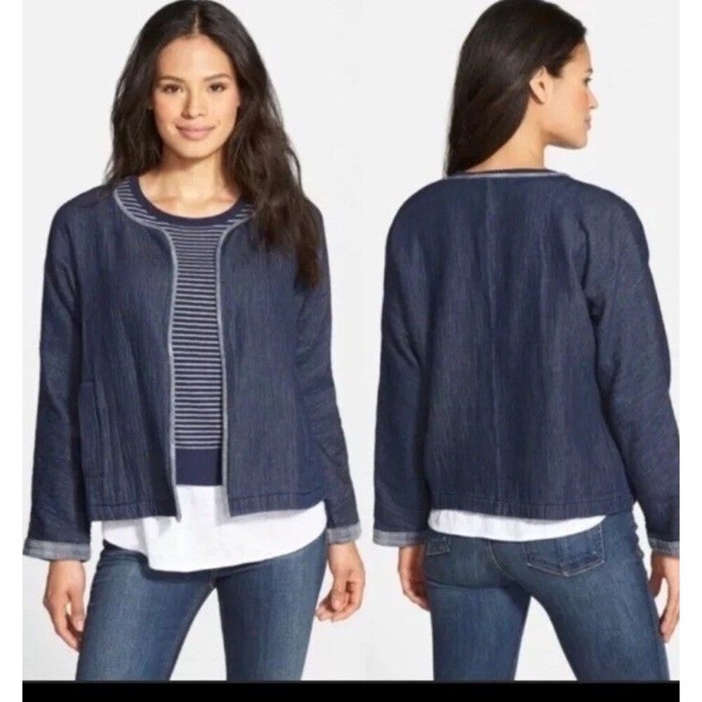 Eileen Fisher Jacket Size Small Organic Cotton Blue Denim Open Front Casual Work